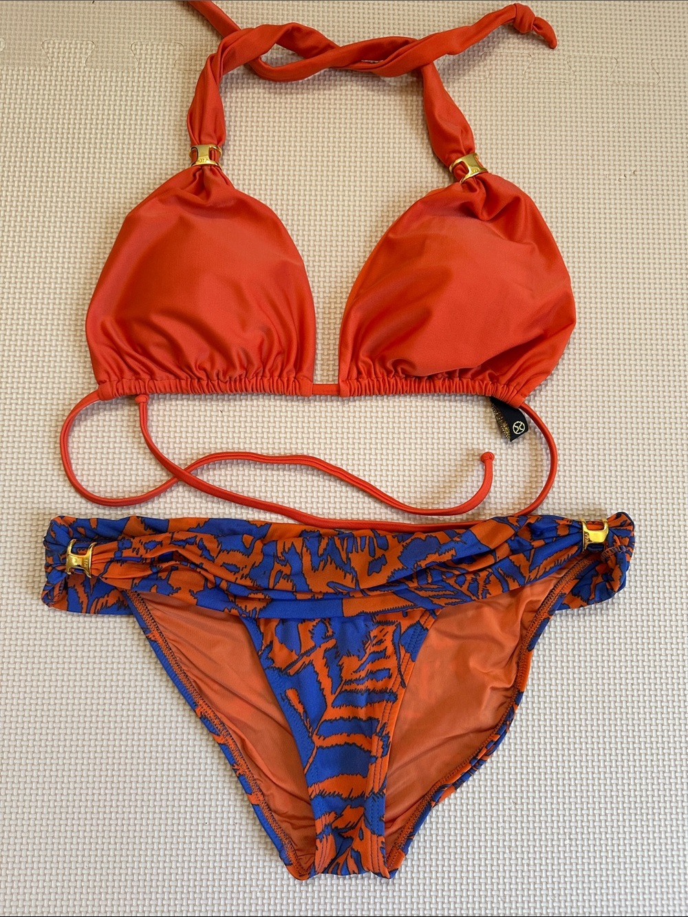 Women's Orange Halter Bikini Top & Blue-Orange Printed Bottom Swim Set